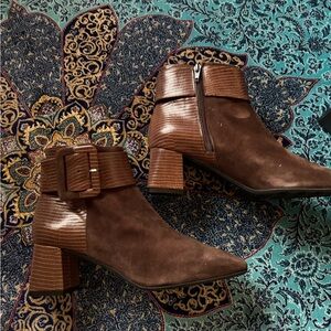 Women's Brown Suede Ankle Booties with Textured Buckle Strap